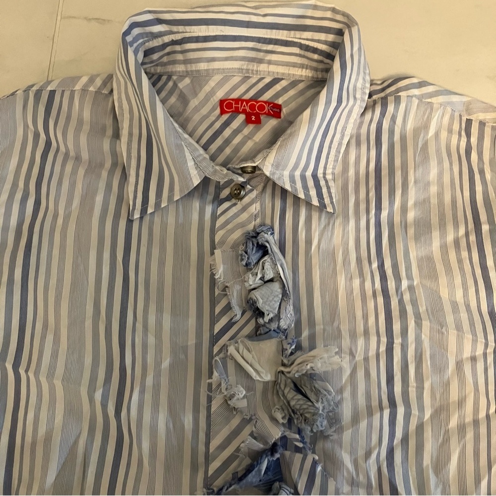 Chacok Blue Striped / floral long sleeve blouse. Floral feature on front EUC!